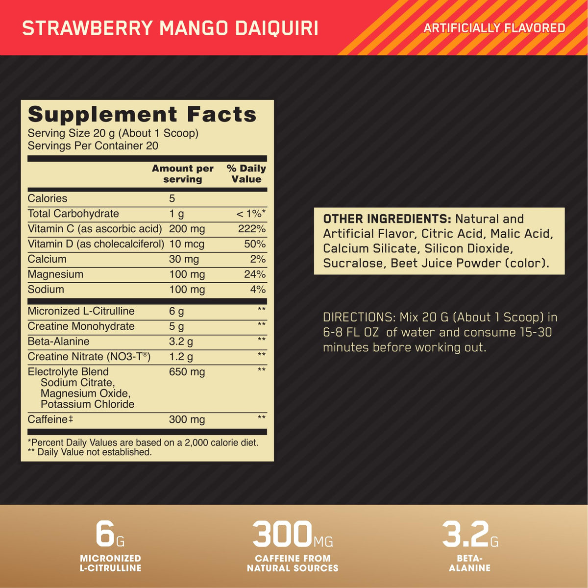 Pre Workout with Creatine Beta-Alanine L-Citrulline and Caffeine, Strawberry Mango Daiquiri, 20 Servings L441