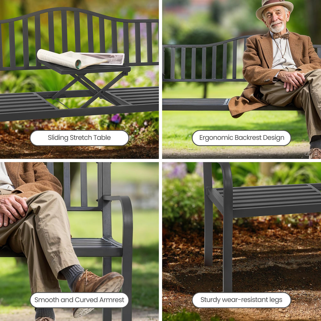 59" Gray Metal Outdoor Bench with Built in Table R2317