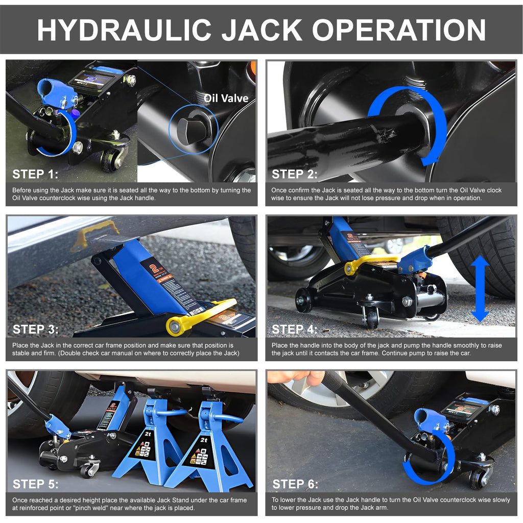 Low Profile Hydraulic Trolley Floor Jack with 2 Ratchet Jack Stands, 2 Ton Capacity, Blue F2756