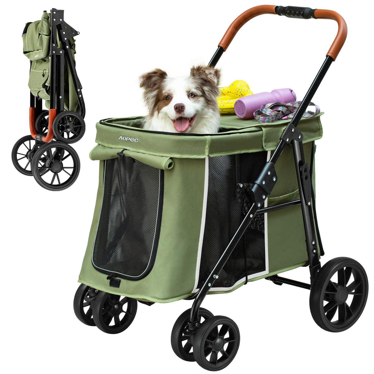 Medium Dog Stroller, One-Touch Folding, 360° Rotating Front Wheels, 80 lbs Weight Capacity, Green X209