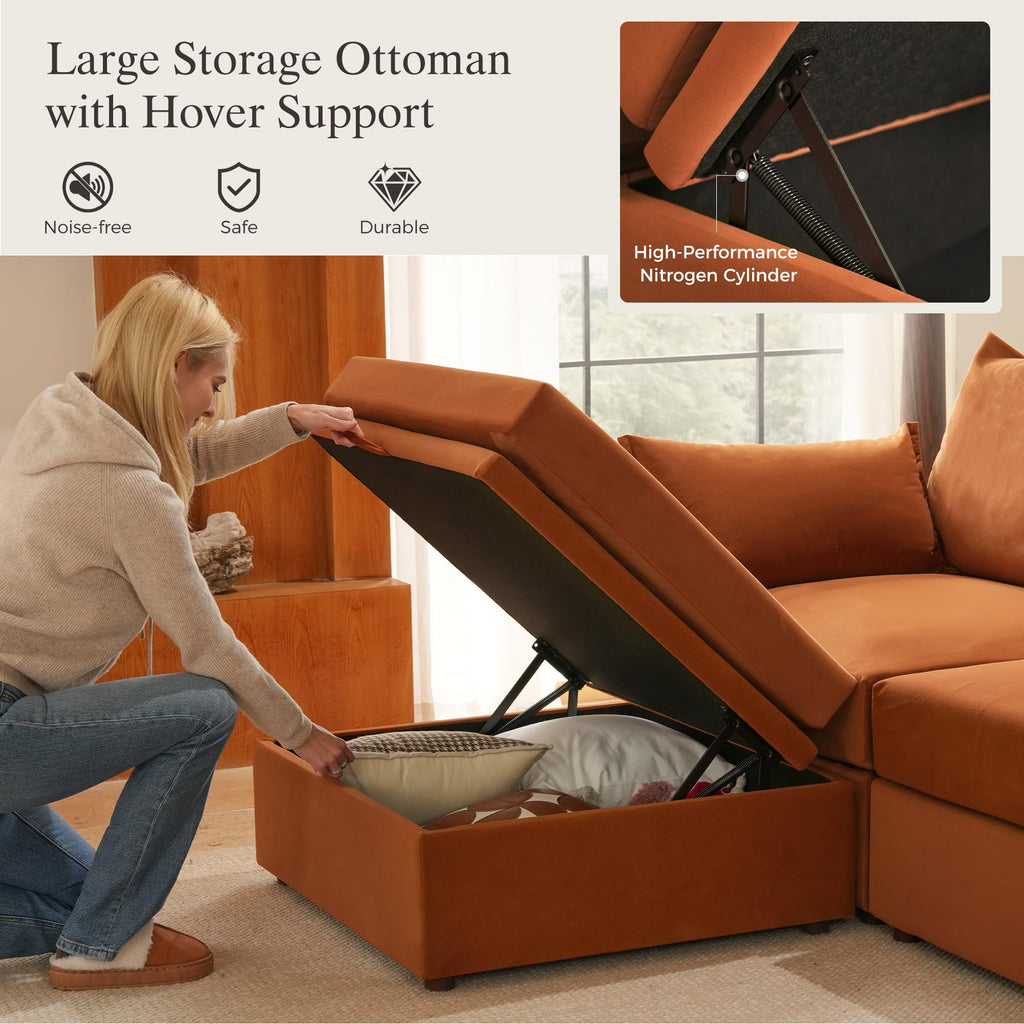 102.6" L Shaped 4 Seater Velvet Sectional Sofa with Storage Ottoman M32747