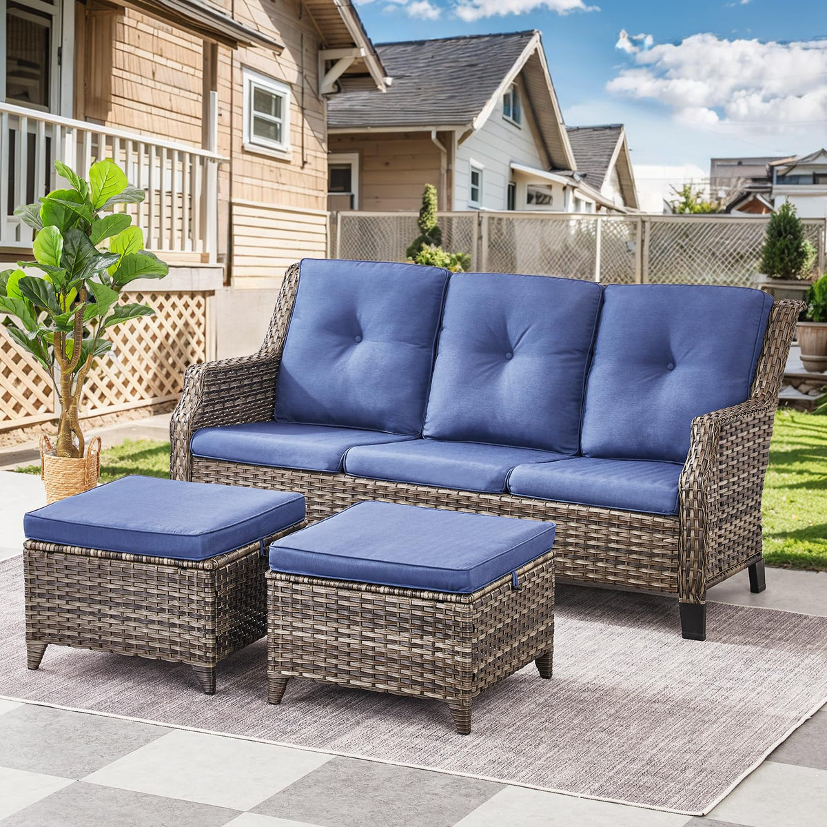 Grey Wicker 3pcs Patio Furniture Set with Blue Cushions K588