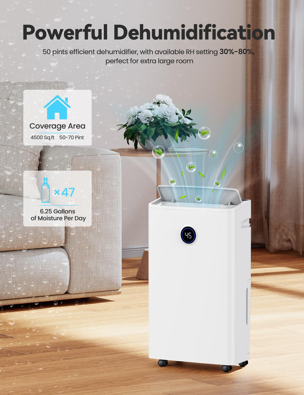 4500 Sq. Ft 50-70 Pints Dehumidifier with Drain Hose and 5L Water Tank P26906