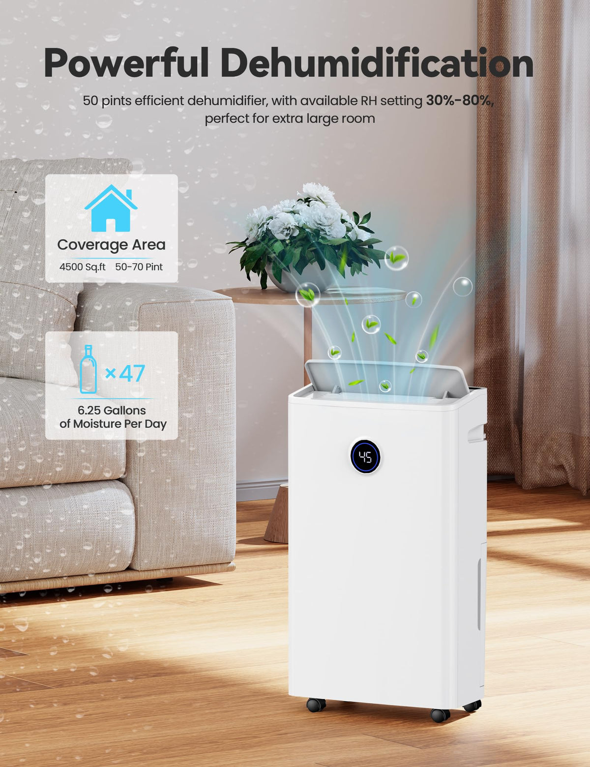 4500 Sq. Ft 50-70 Pints Dehumidifier with Drain Hose and 5L Water Tank P26906
