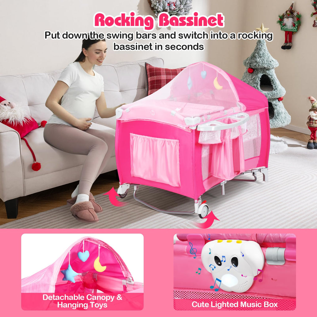 4 in 1 Pack and Play Portable Baby Bassinet Playpen with Diaper Changer Mattress Canopy Storage Rack Toy Bar Music Box Foldable Travel Playard Pink S186301