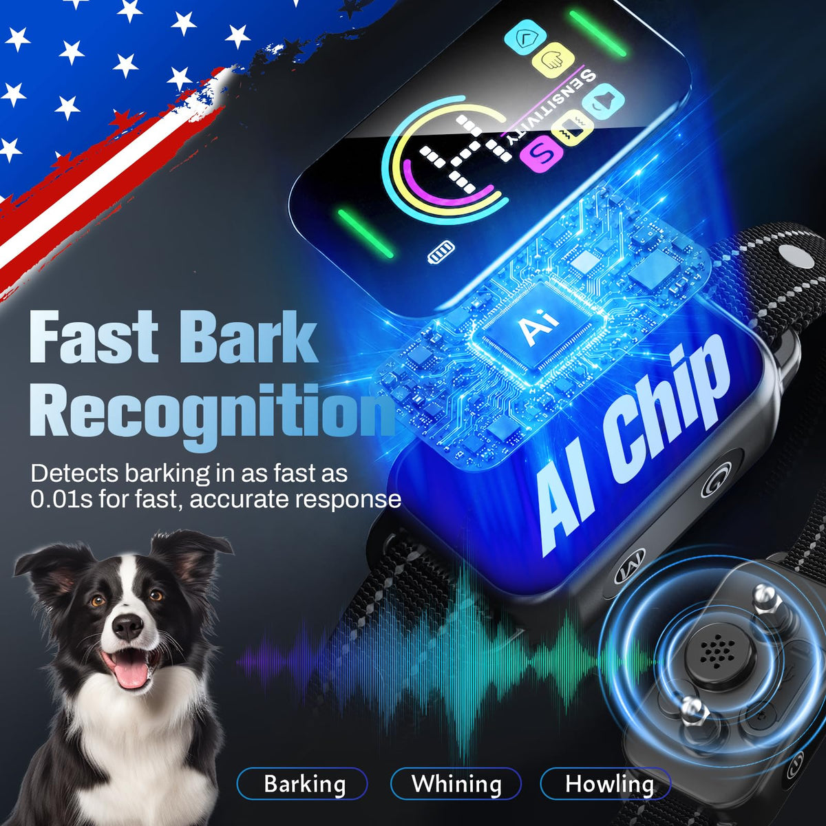 Smart AI Bark Collar with Beep Vibration IP67 Waterproof Jet Black T250