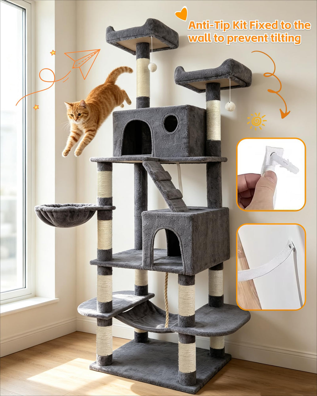 70" Cat Tree with 2 Condos and Wide Perches, Gray A874