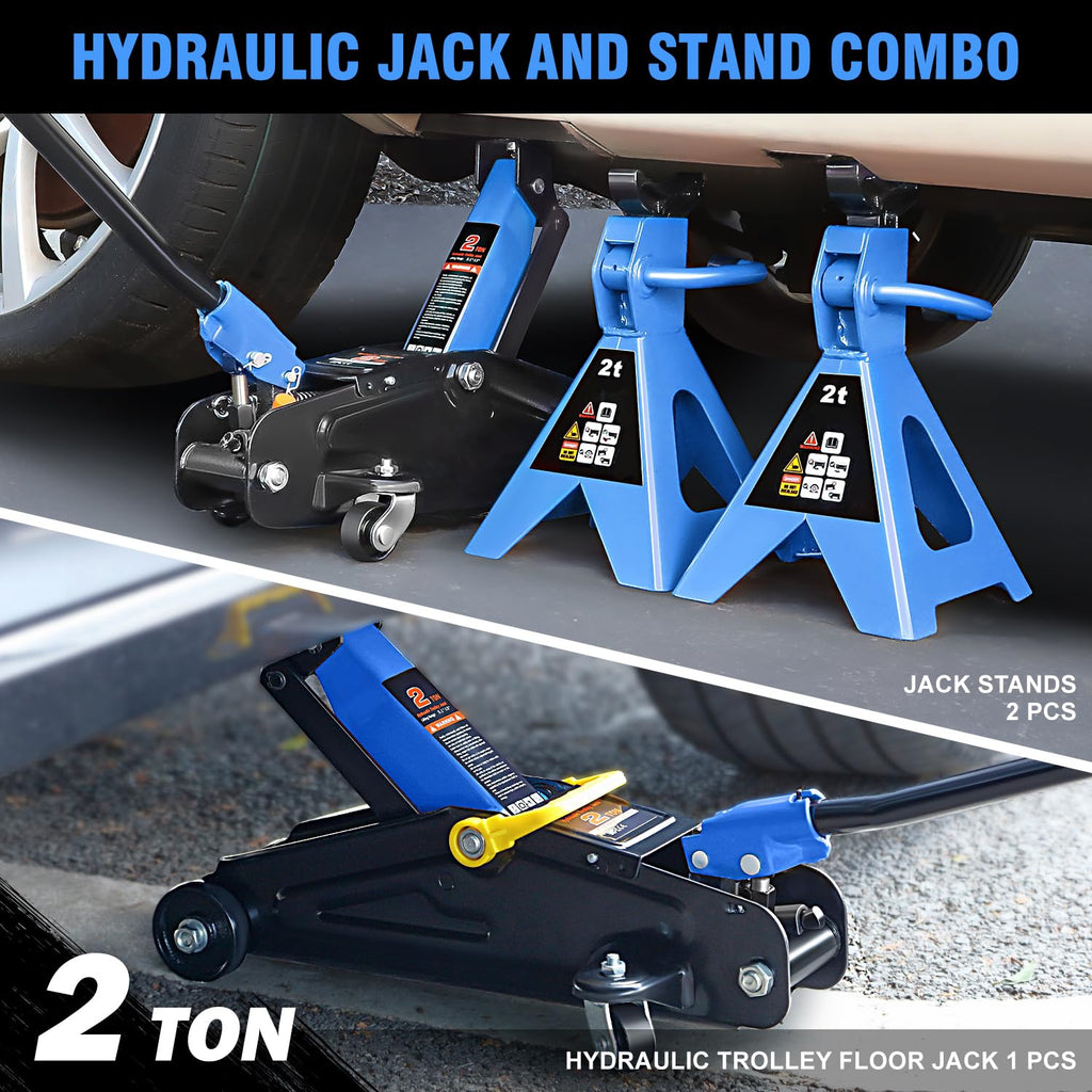 Low Profile Hydraulic Trolley Floor Jack with 2 Ratchet Jack Stands, 2 Ton Capacity, Blue F2756