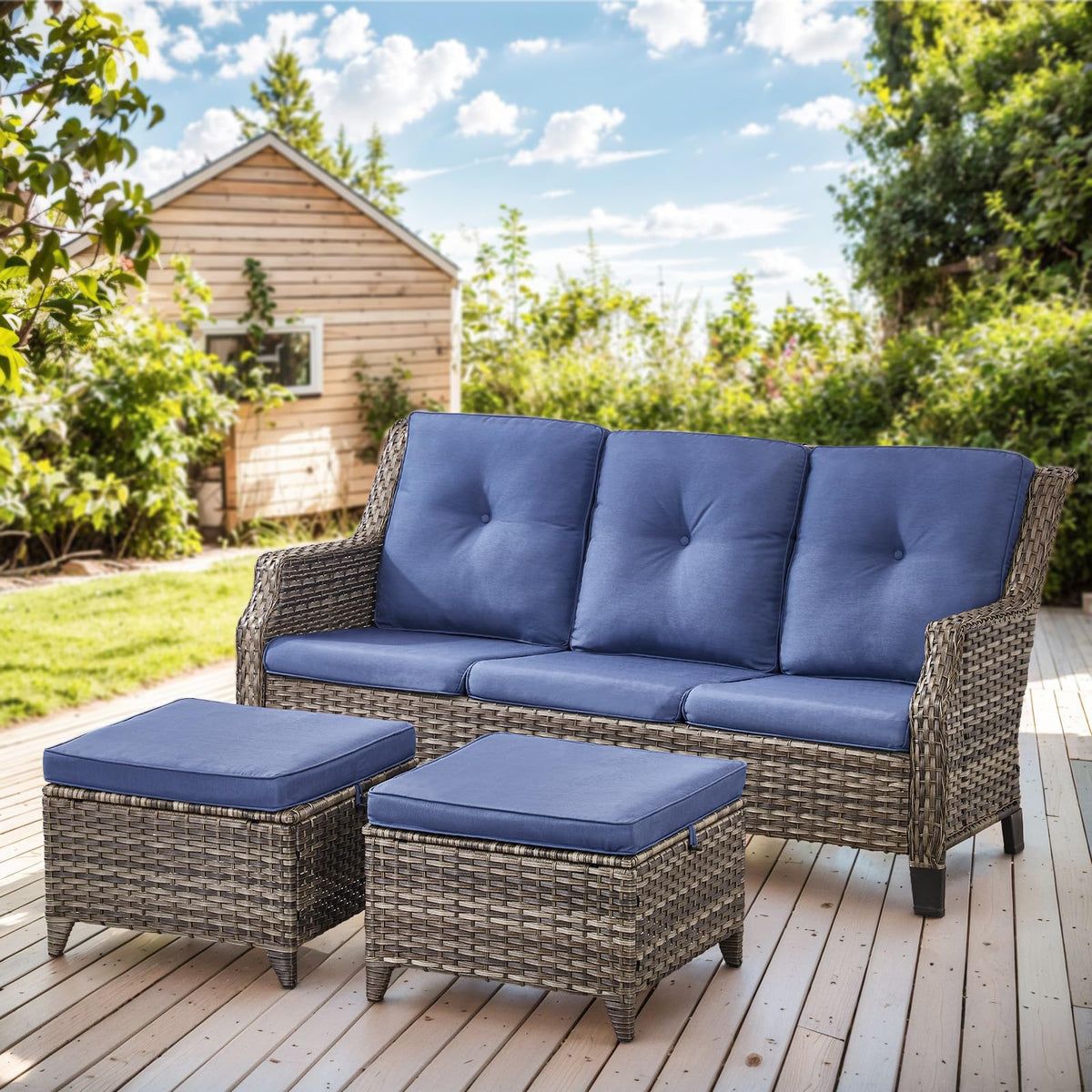 Grey Wicker 3pcs Patio Furniture Set with Blue Cushions K588