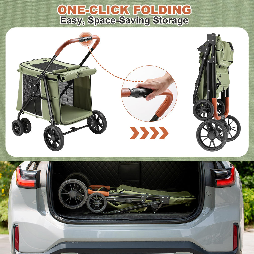 Medium Dog Stroller, One-Touch Folding, 360° Rotating Front Wheels, 80 lbs Weight Capacity, Green X209