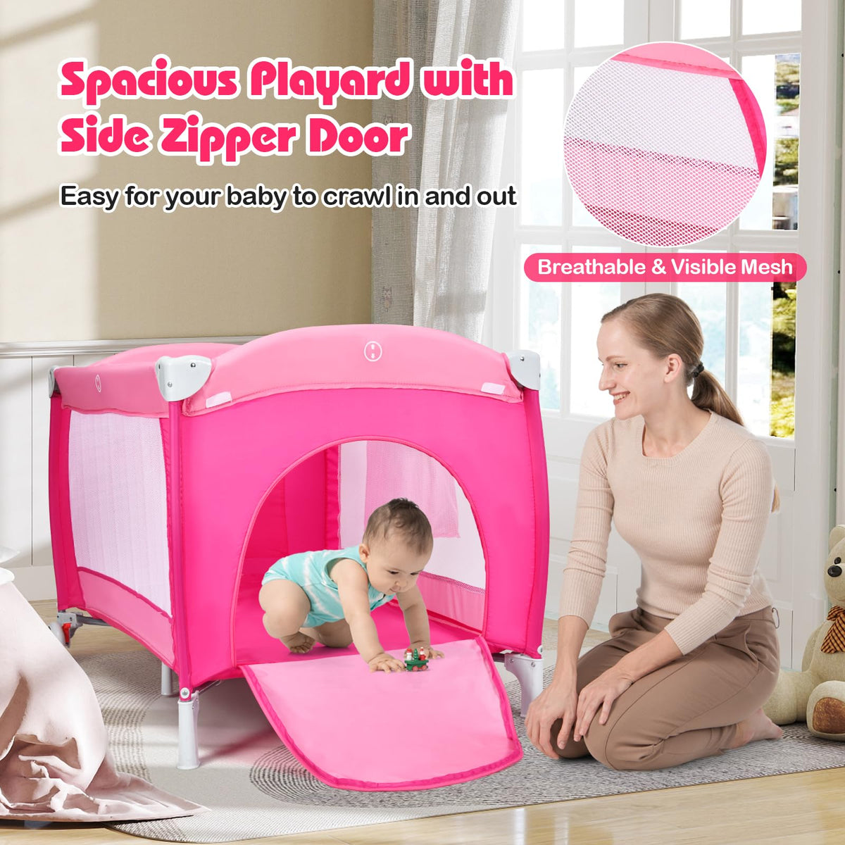 4 in 1 Pack and Play Portable Baby Bassinet Playpen with Diaper Changer Mattress Canopy Storage Rack Toy Bar Music Box Foldable Travel Playard Pink S186301