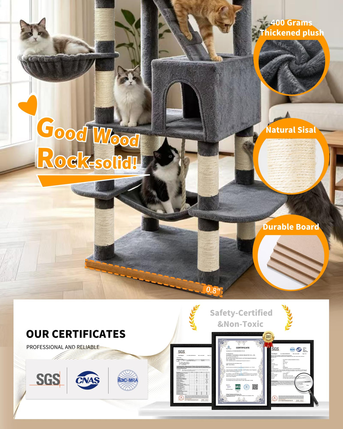 70" Cat Tree with 2 Condos and Wide Perches, Gray A874