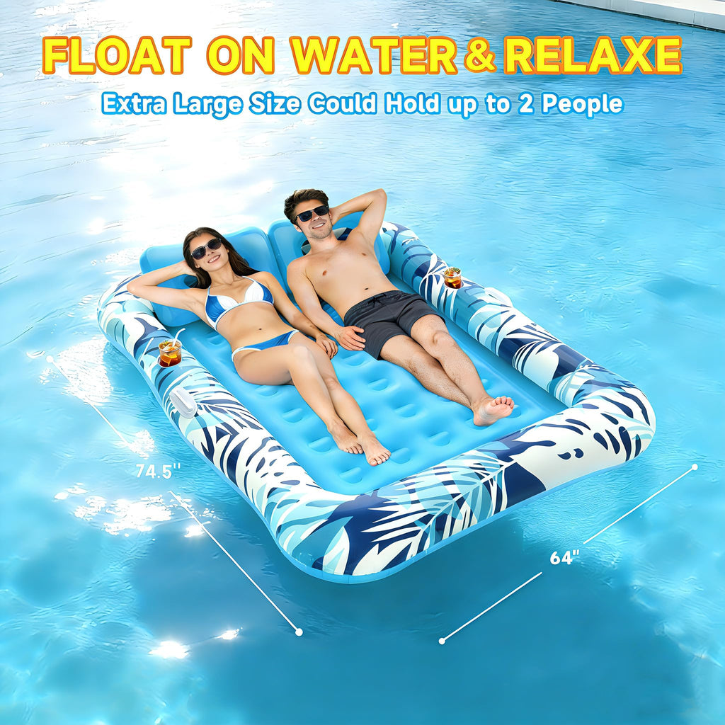 75"x64" XXL Inflatable Tanning Pool Lounger Float with Pillow Blue X267338