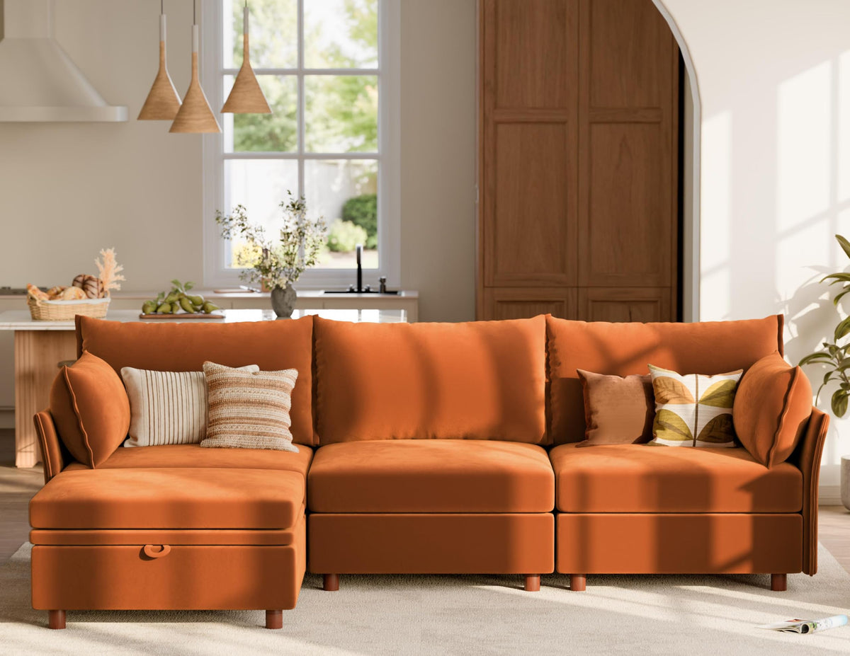 102.6" L Shaped 4 Seater Velvet Sectional Sofa with Storage Ottoman M32747