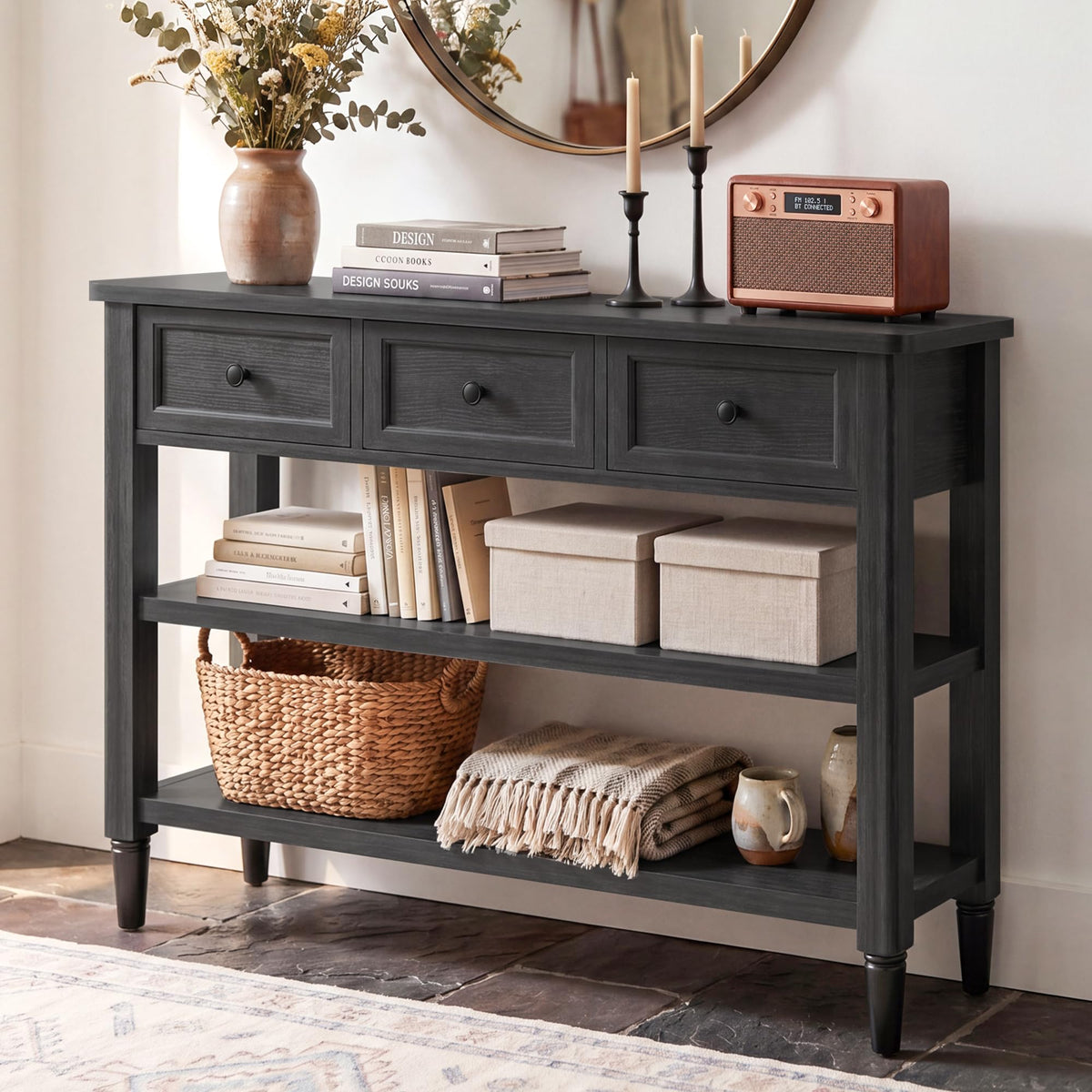 43" Farmhouse Entryway Table with 3 Drawers 2 Shelves N44211