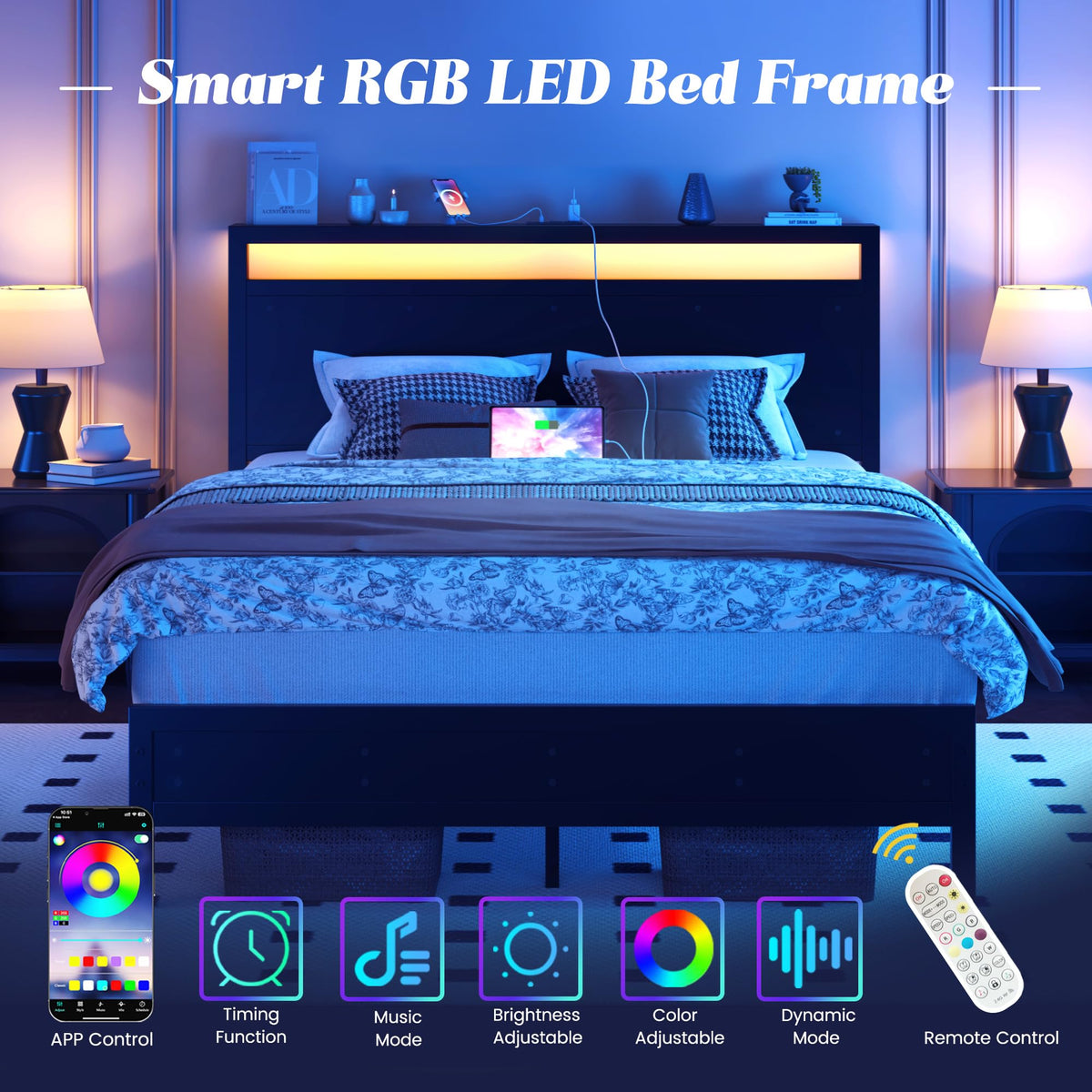Full Bed Frame with Headboard, Footboard, Charging Station, LED Light, Storage Shelf, Black L56406