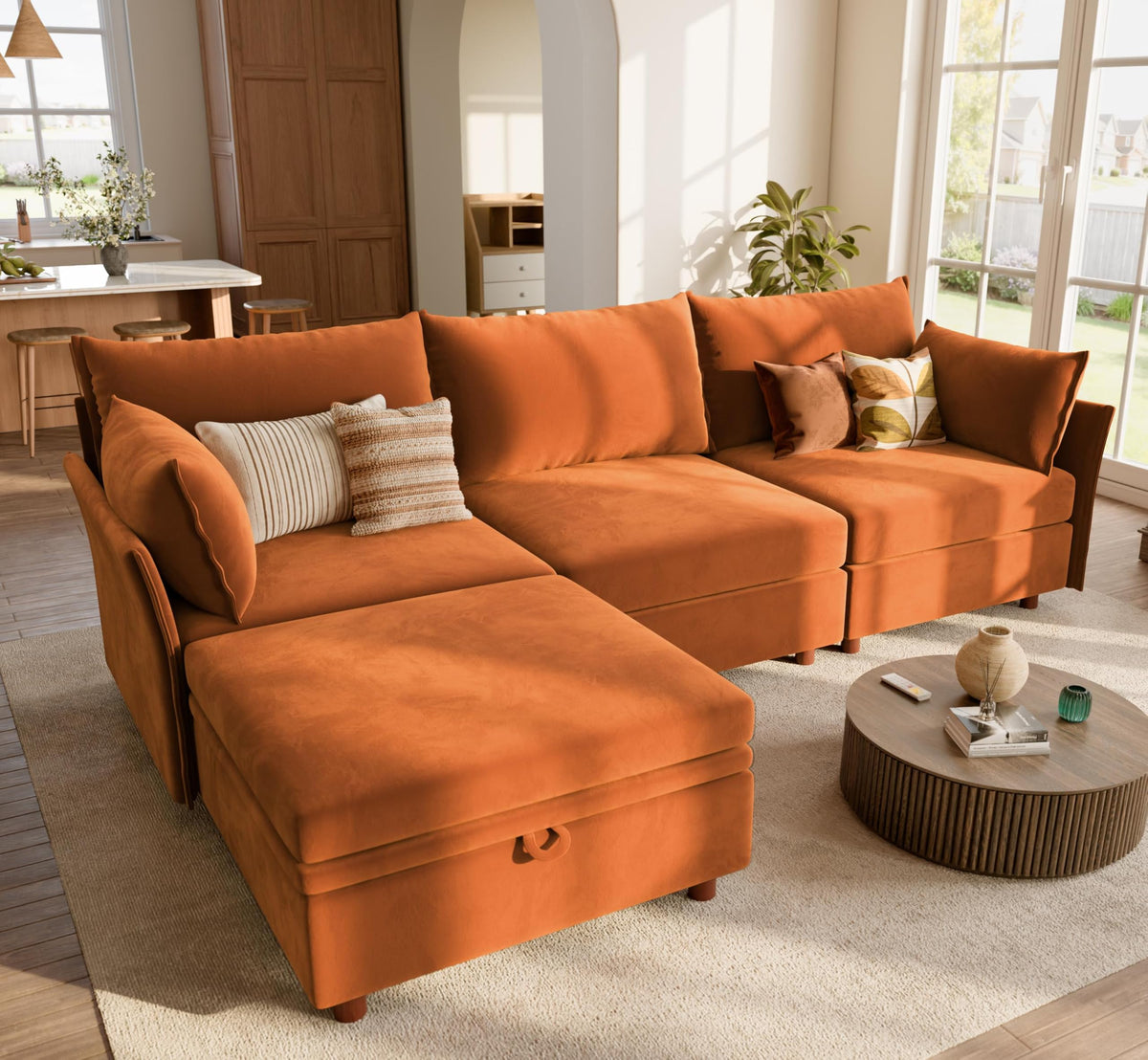 102.6" L Shaped 4 Seater Velvet Sectional Sofa with Storage Ottoman M32747