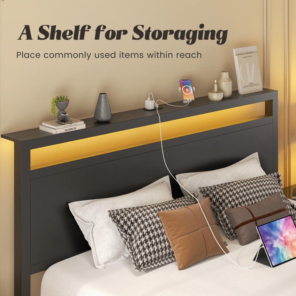 Full Bed Frame with Headboard, Footboard, Charging Station, LED Light, Storage Shelf, Black L56406