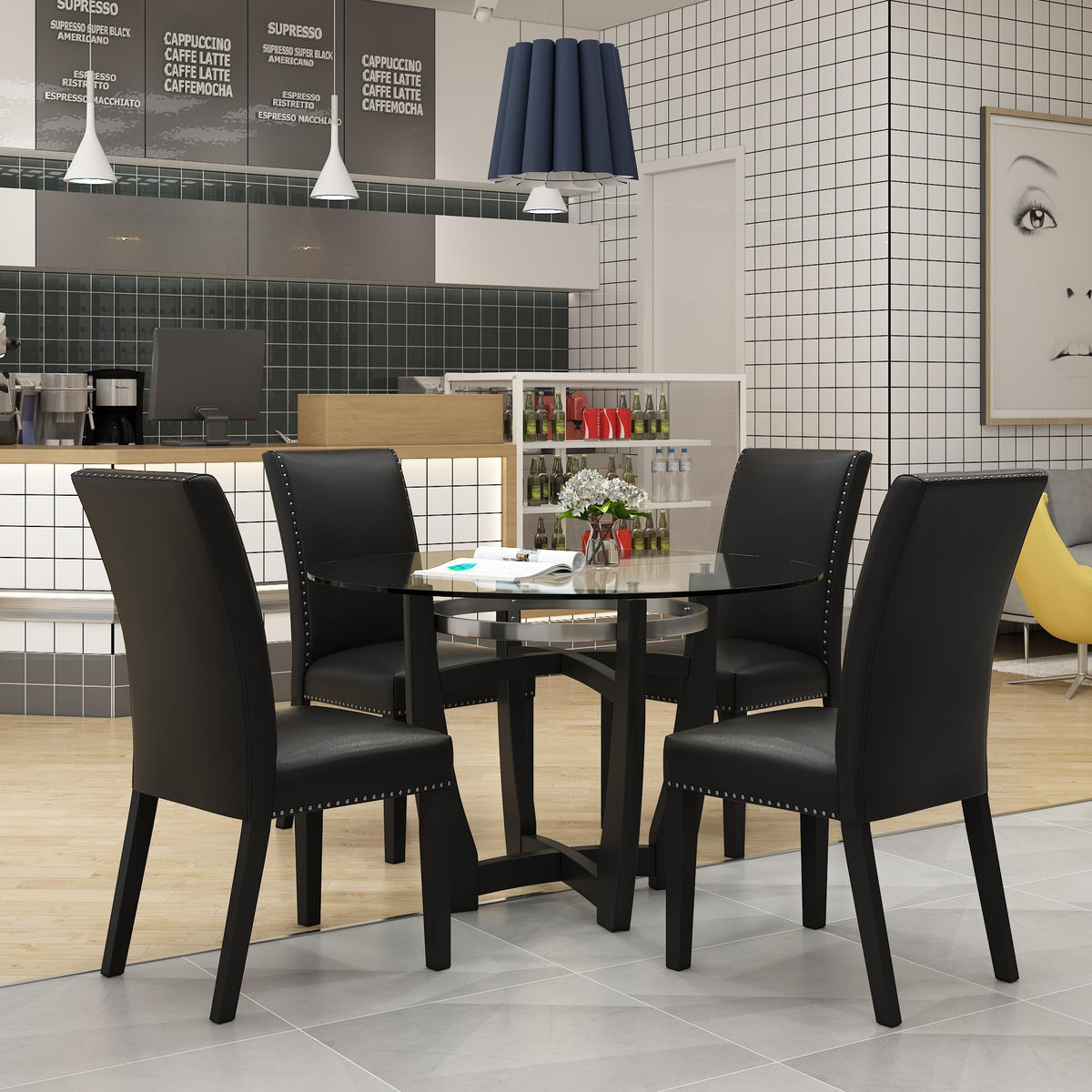 48" Glass Dining Table Set with 4 PU Leather Chairs V839147