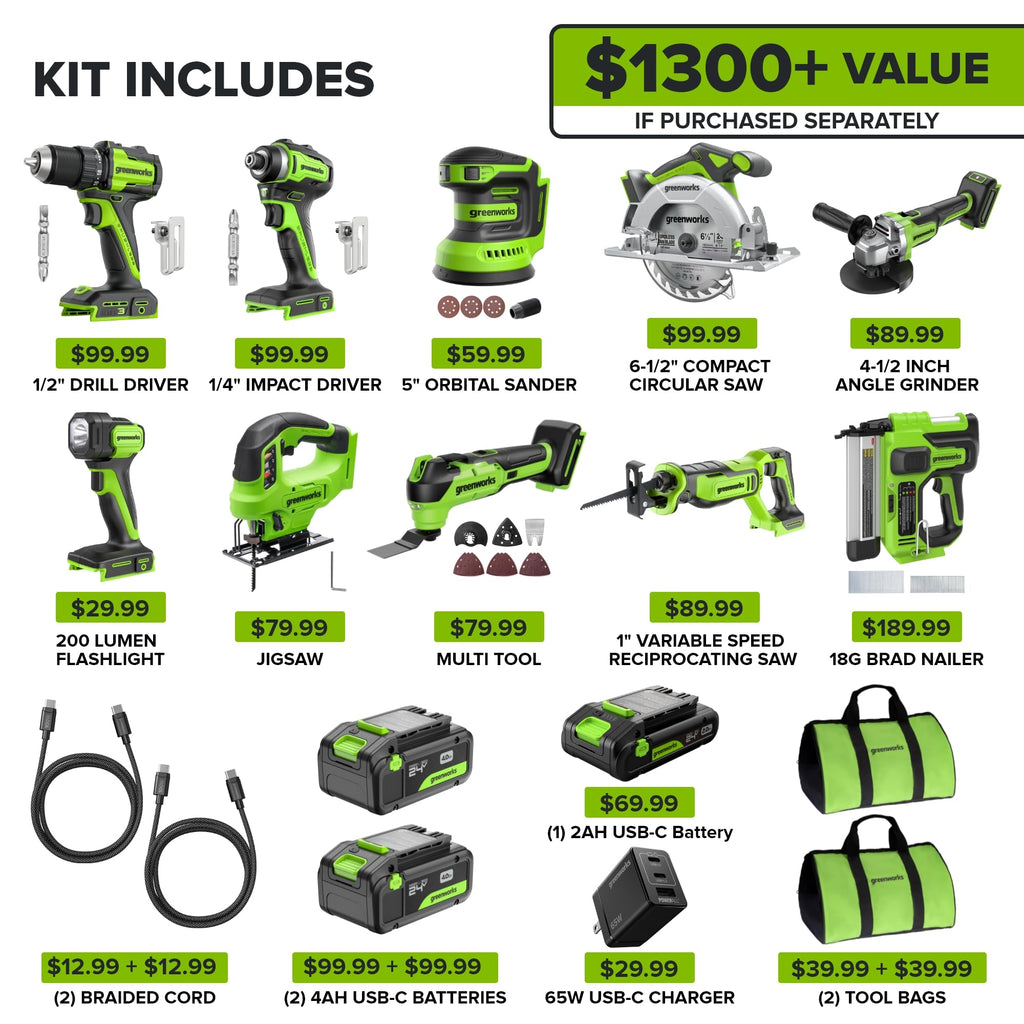 24V Brushless 10PC Tool with Batteries and USB-C Charger H883
