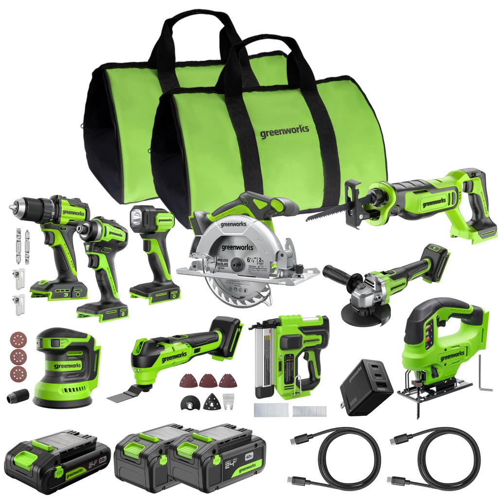 24V Brushless 10PC Tool with Batteries and USB-C Charger H883
