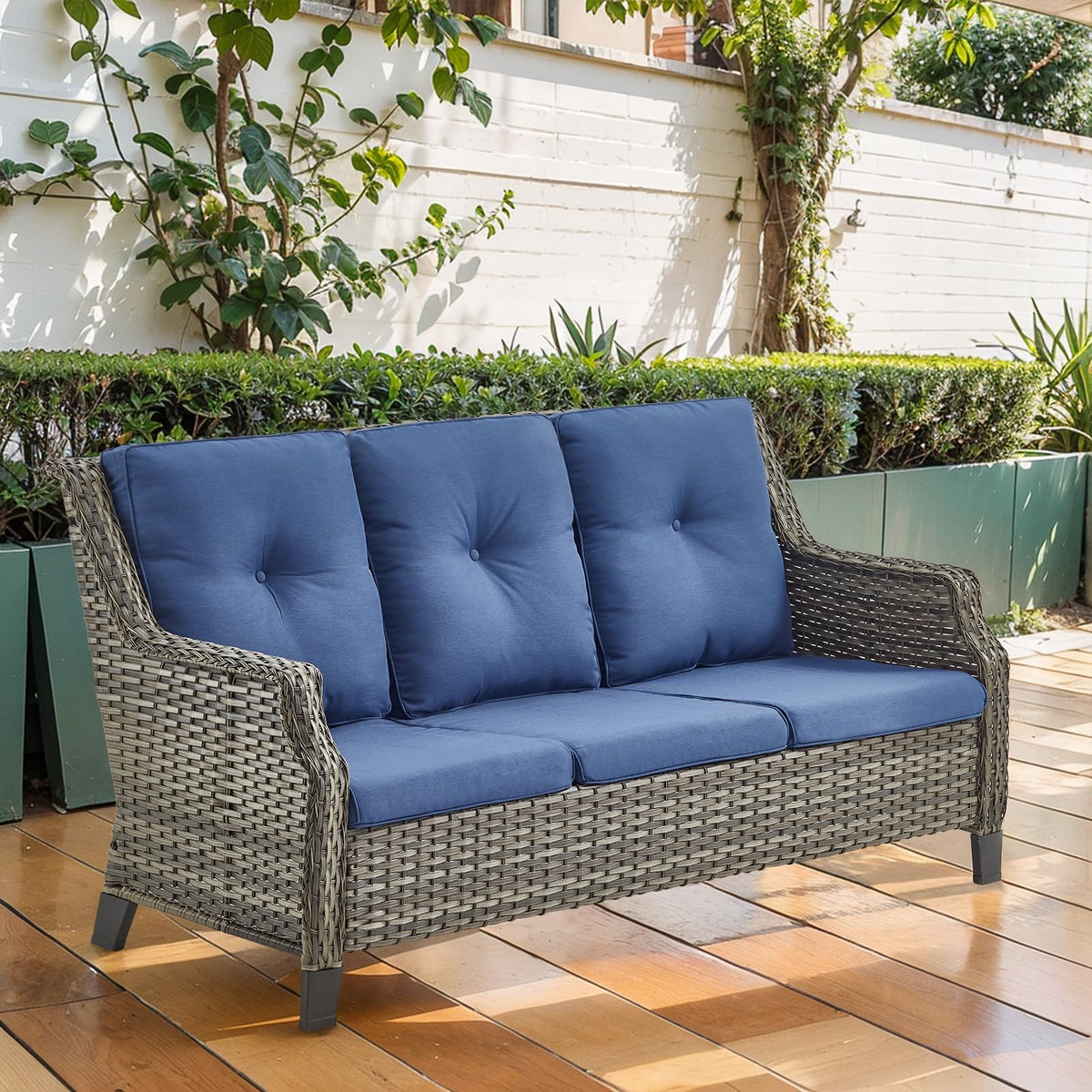 Grey Wicker 3pcs Patio Furniture Set with Blue Cushions K588