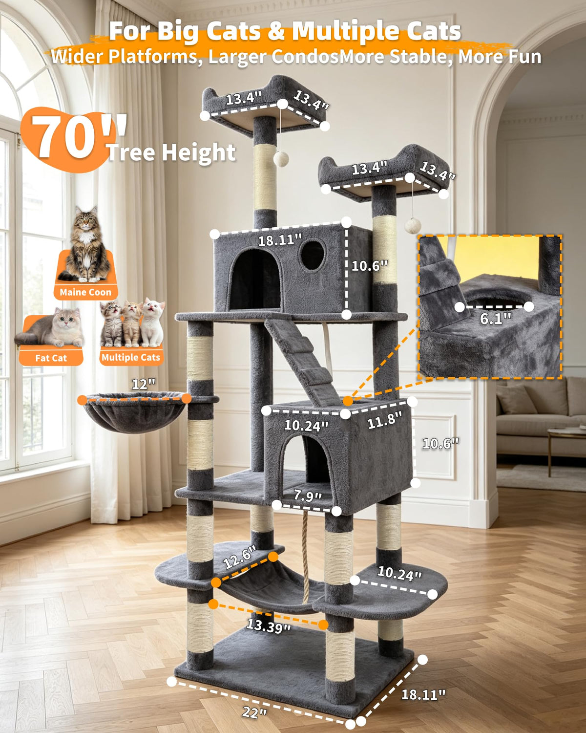 70" Cat Tree with 2 Condos and Wide Perches, Gray A874