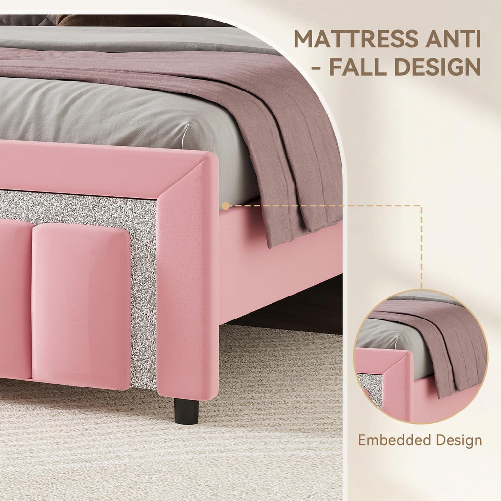 Twin Bed Frames with Upholstered Headboard, Pink S508962