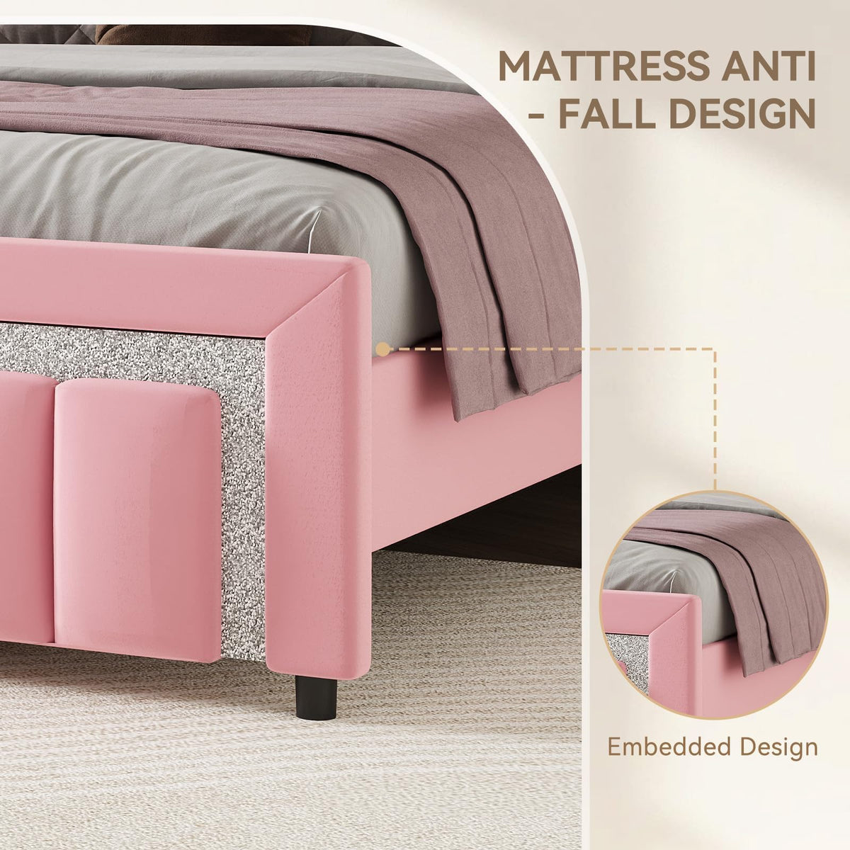 Twin Bed Frames with Upholstered Headboard, Pink S508962