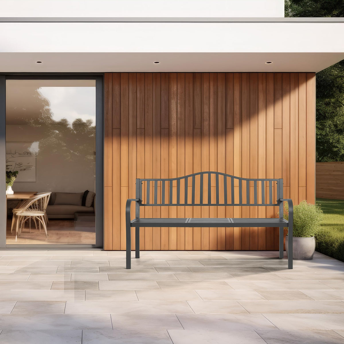 59" Gray Metal Outdoor Bench with Built in Table R2317