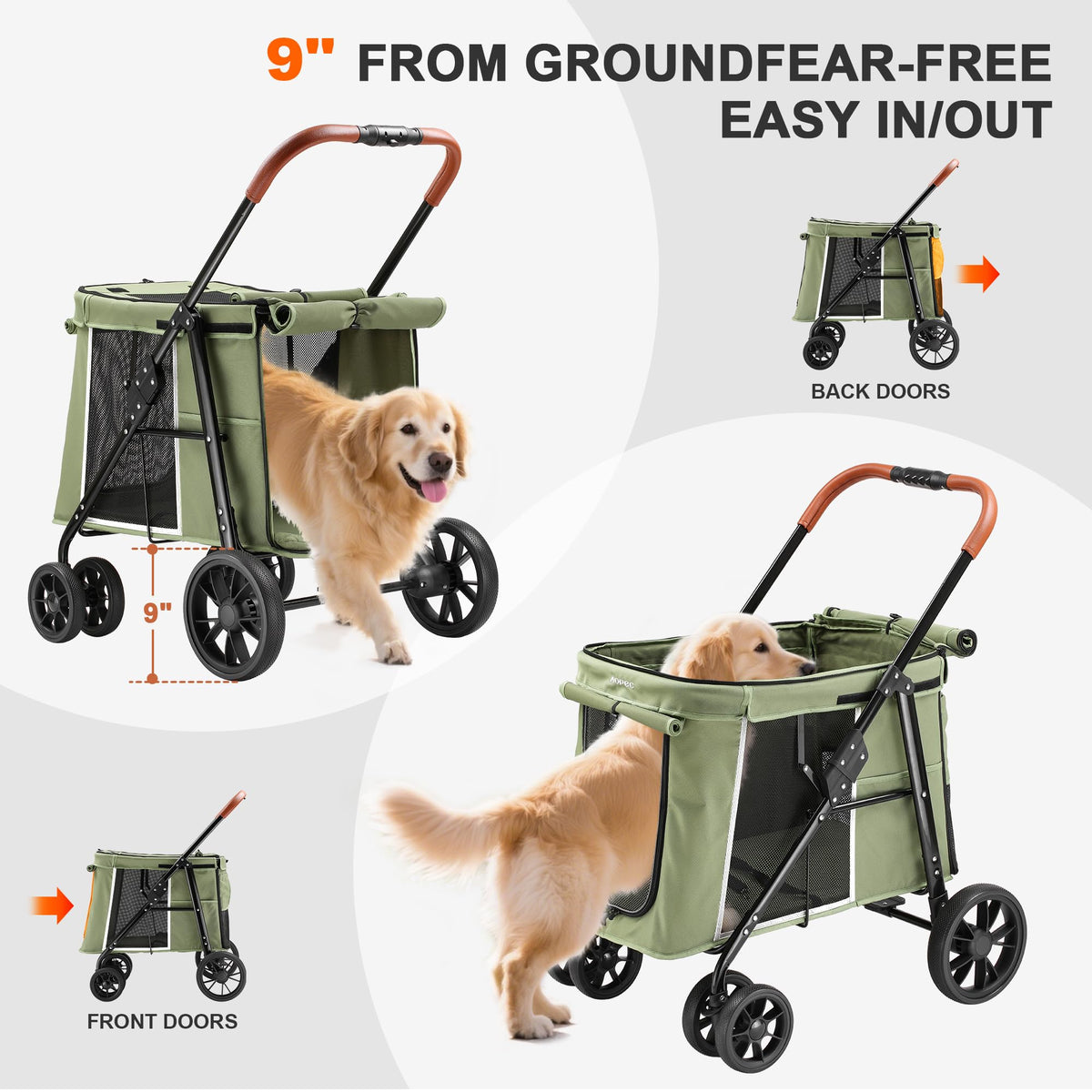 Medium Dog Stroller, One-Touch Folding, 360° Rotating Front Wheels, 80 lbs Weight Capacity, Green X209