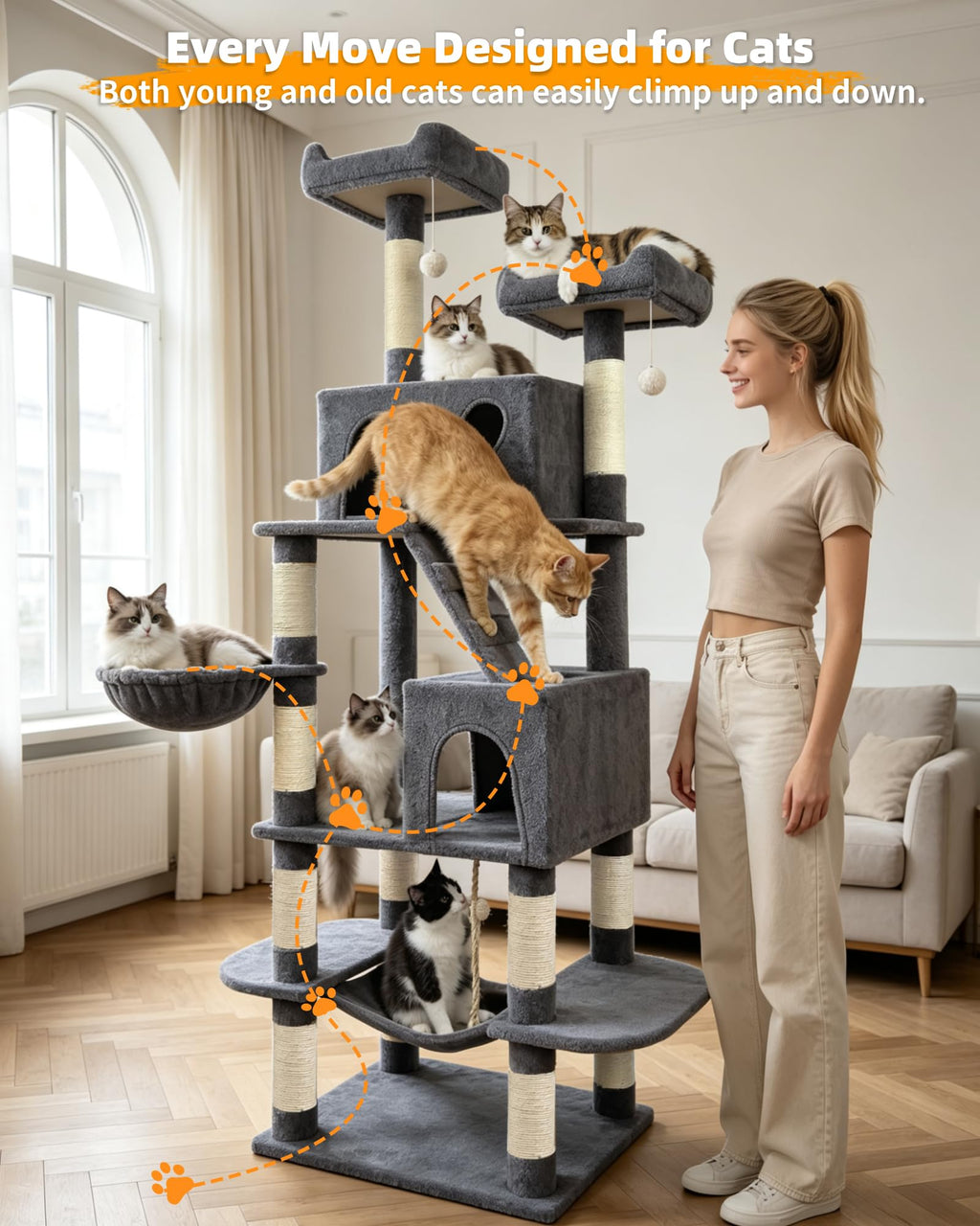 70" Cat Tree with 2 Condos and Wide Perches, Gray A874