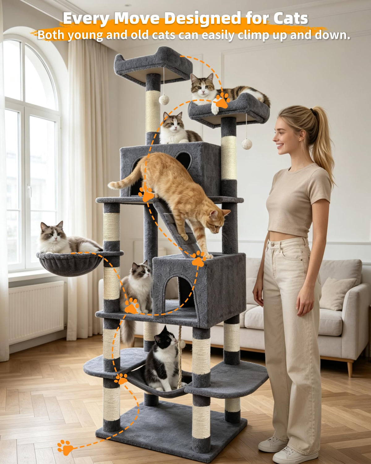 70" Cat Tree with 2 Condos and Wide Perches, Gray A874