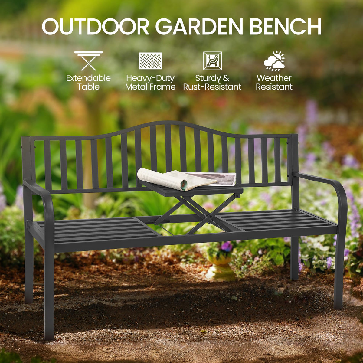 59" Gray Metal Outdoor Bench with Built in Table R2317