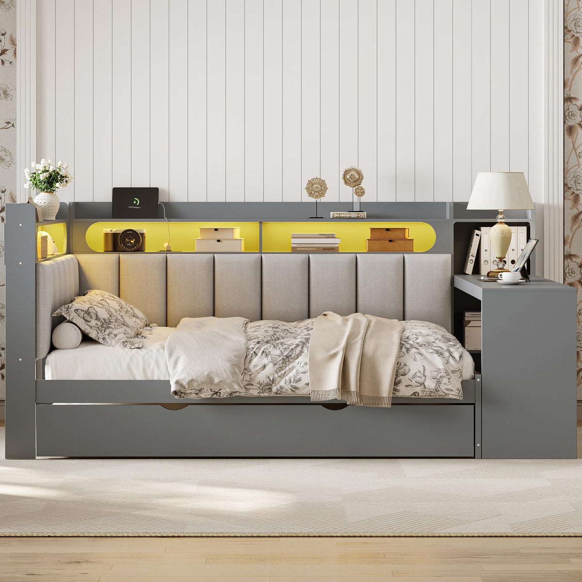 Grey Full Size L-Shaped Corner Bed with Trundle and Desk O187847