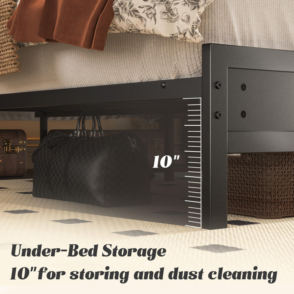 Full Bed Frame with Headboard, Footboard, Charging Station, LED Light, Storage Shelf, Black L56406