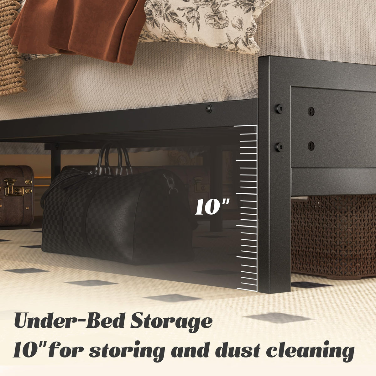 Full Bed Frame with Headboard, Footboard, Charging Station, LED Light, Storage Shelf, Black L56406