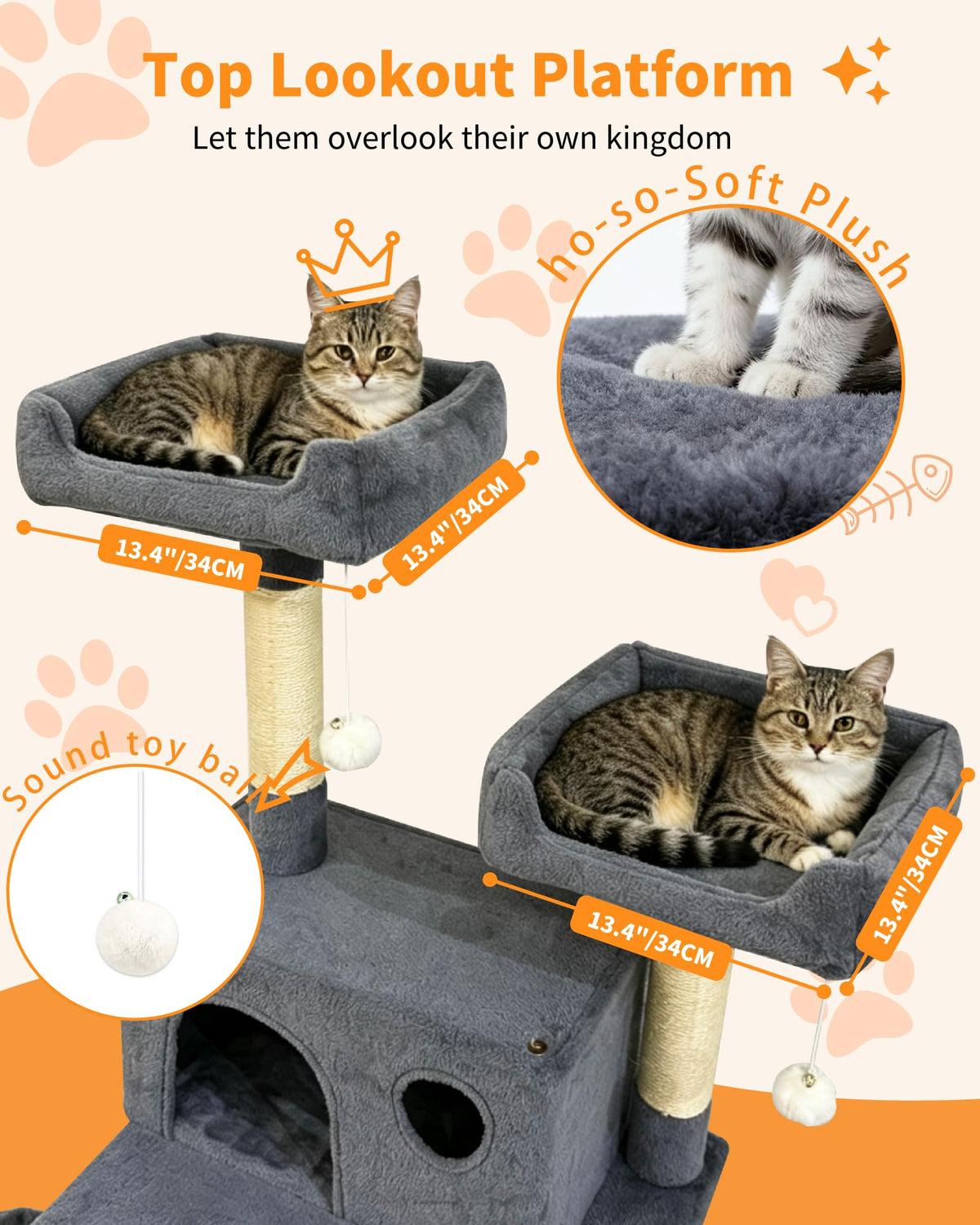 70" Cat Tree with 2 Condos and Wide Perches, Gray A874