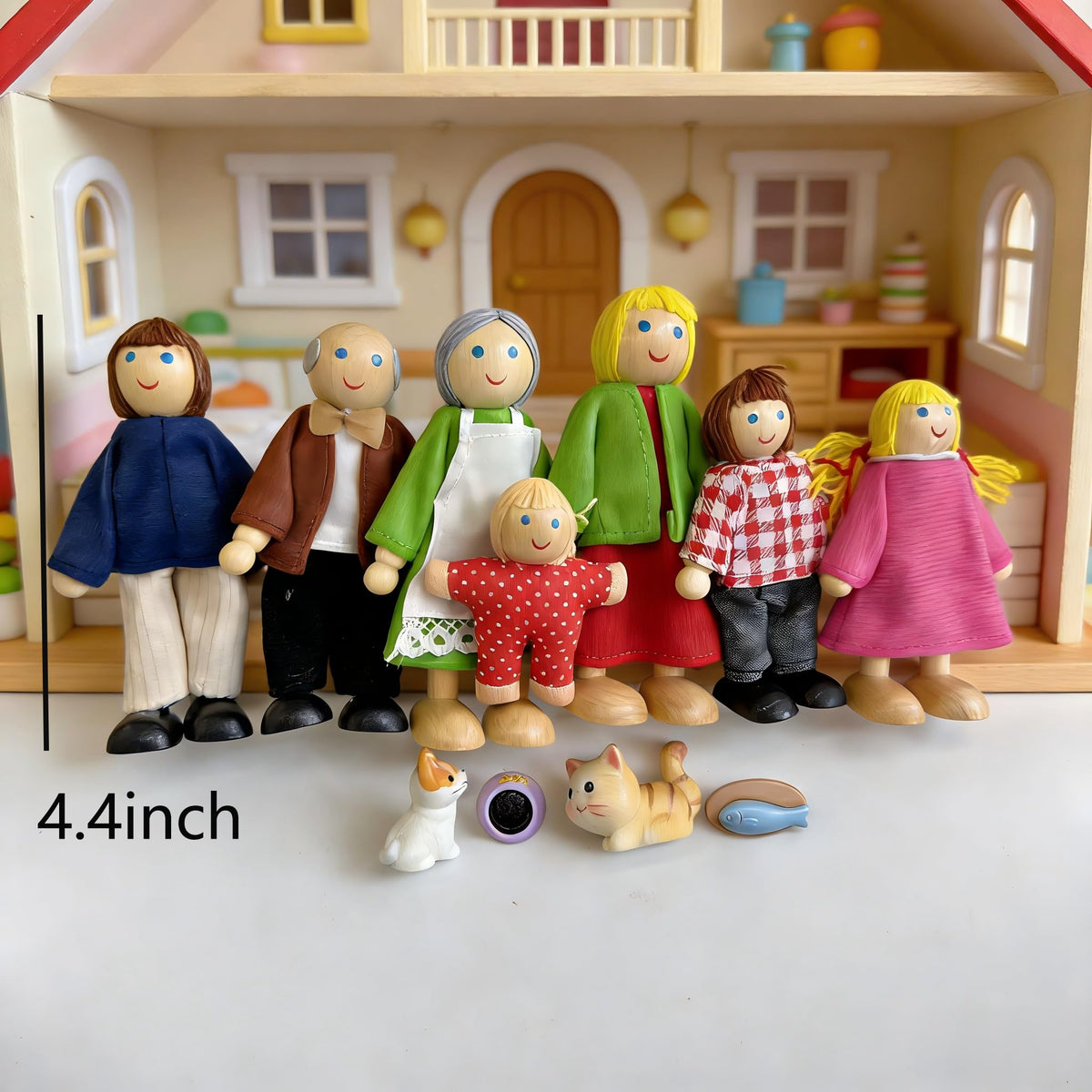 12 Pieces Wooden Dollhouse Family Set with Dog Cat Figures H6434