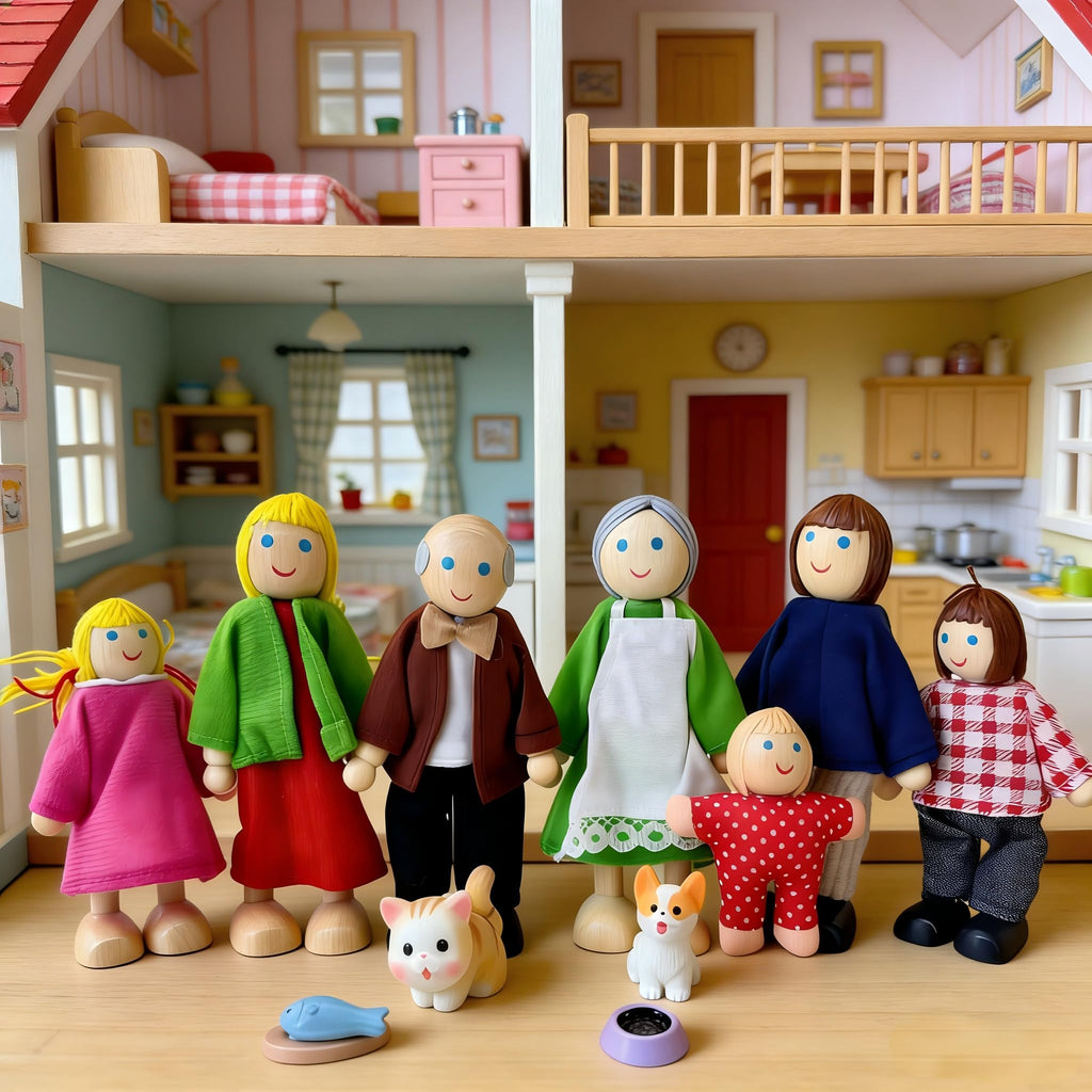 12 Pieces Wooden Dollhouse Family Set with Dog Cat Figures H6434