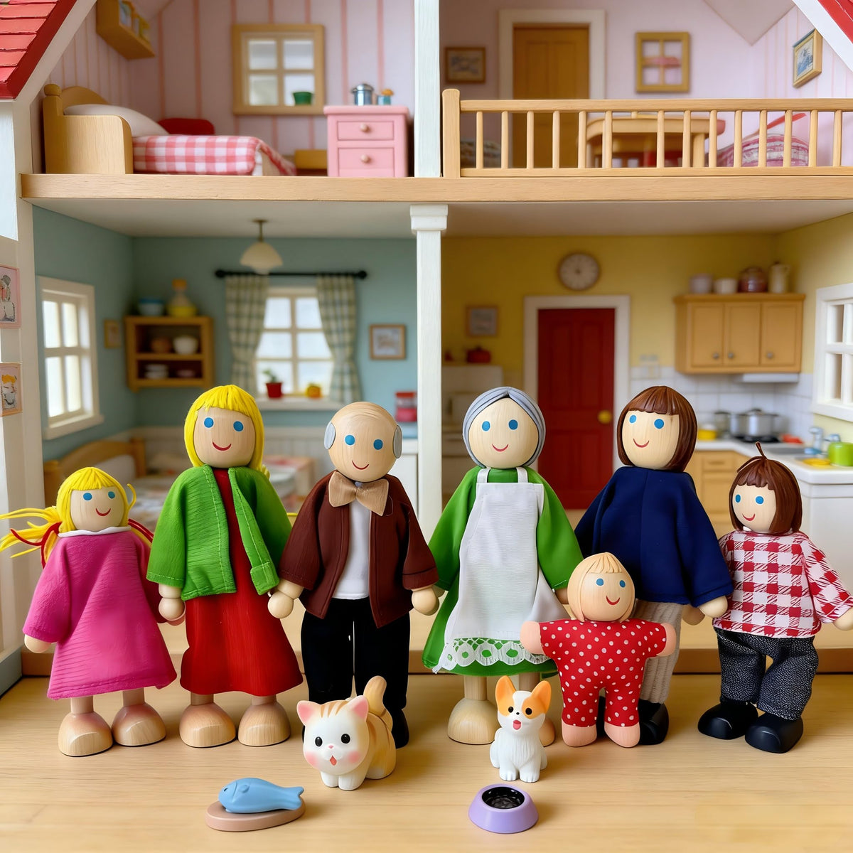12 Pieces Wooden Dollhouse Family Set with Dog Cat Figures H6434