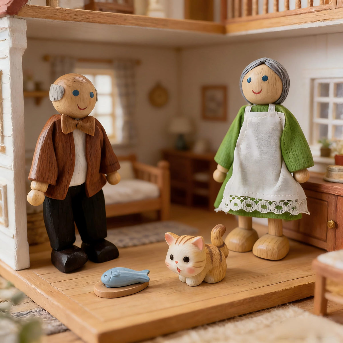 12 Pieces Wooden Dollhouse Family Set with Dog Cat Figures H6434