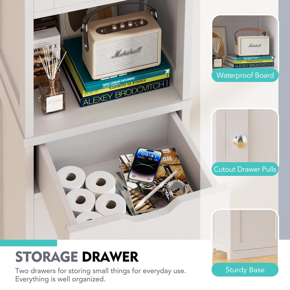 Tall Narrow Bathroom Storage Cabinet with Adjustable Shelves, White S29546
