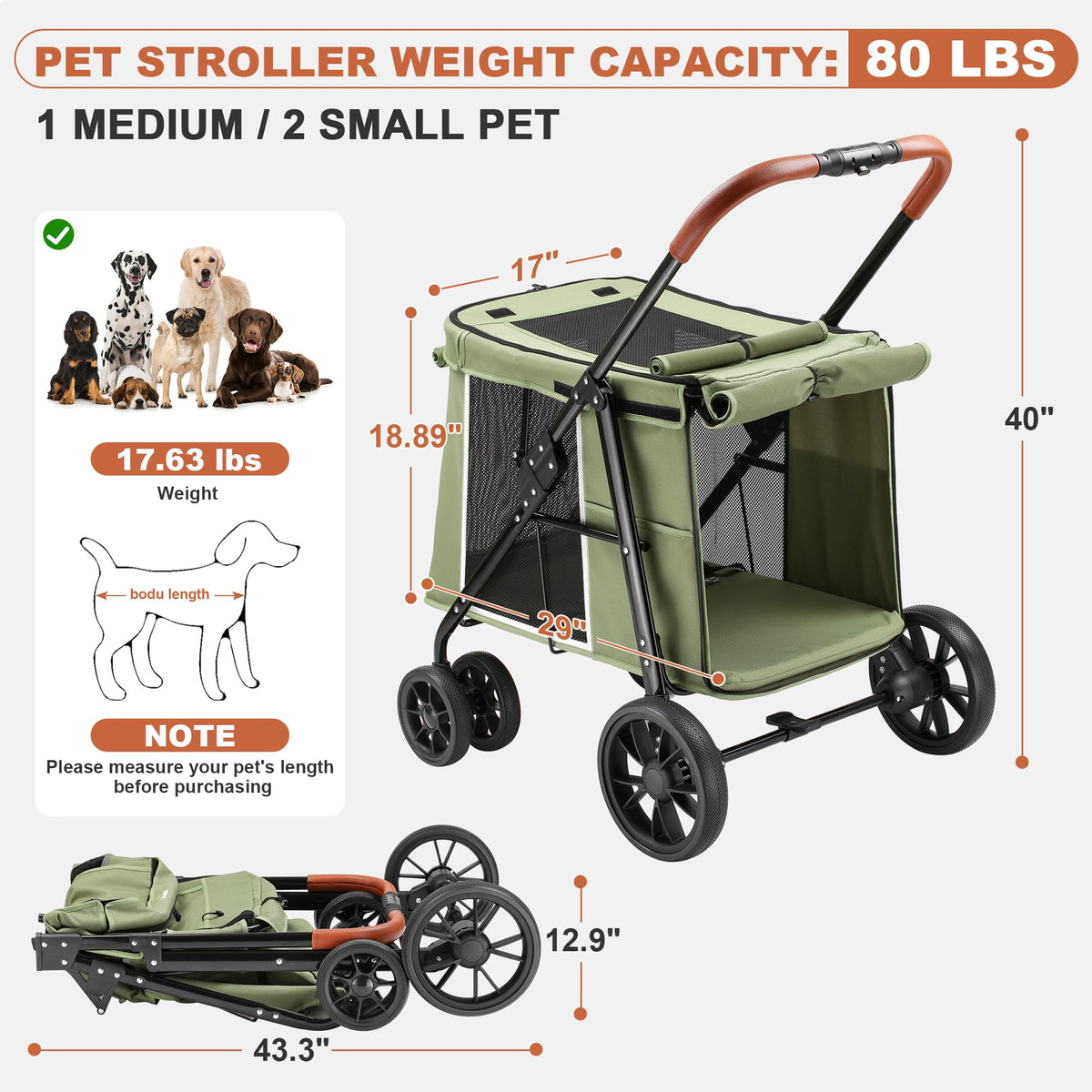 Medium Dog Stroller, One-Touch Folding, 360° Rotating Front Wheels, 80 lbs Weight Capacity, Green X209