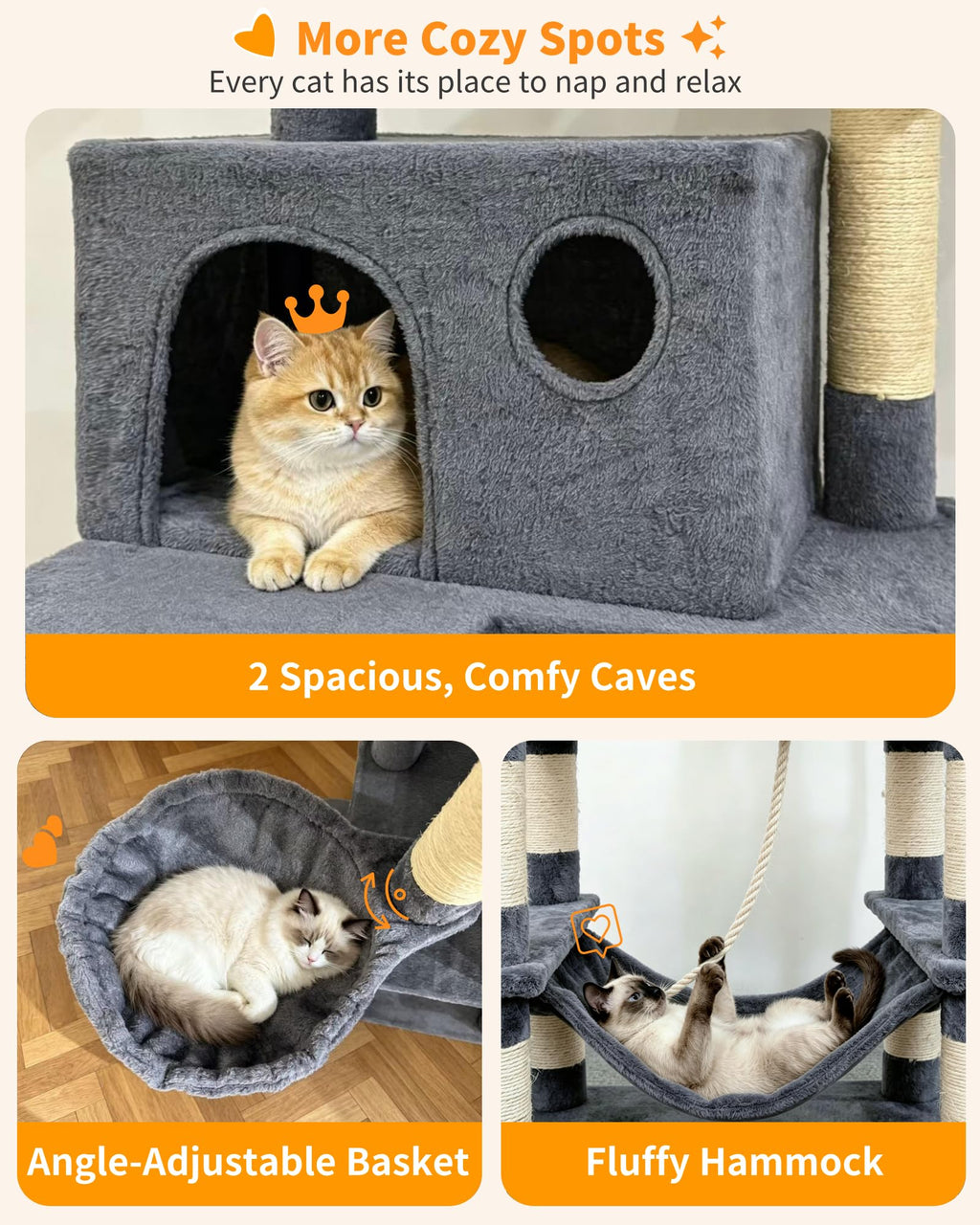 70" Cat Tree with 2 Condos and Wide Perches, Gray A874