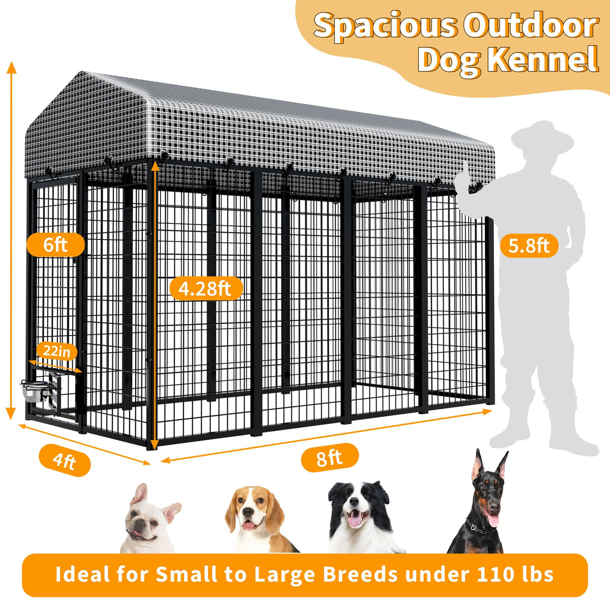 Large Heavy-Duty Dog Kennel with Roof, 4x8x6 Ft C555
