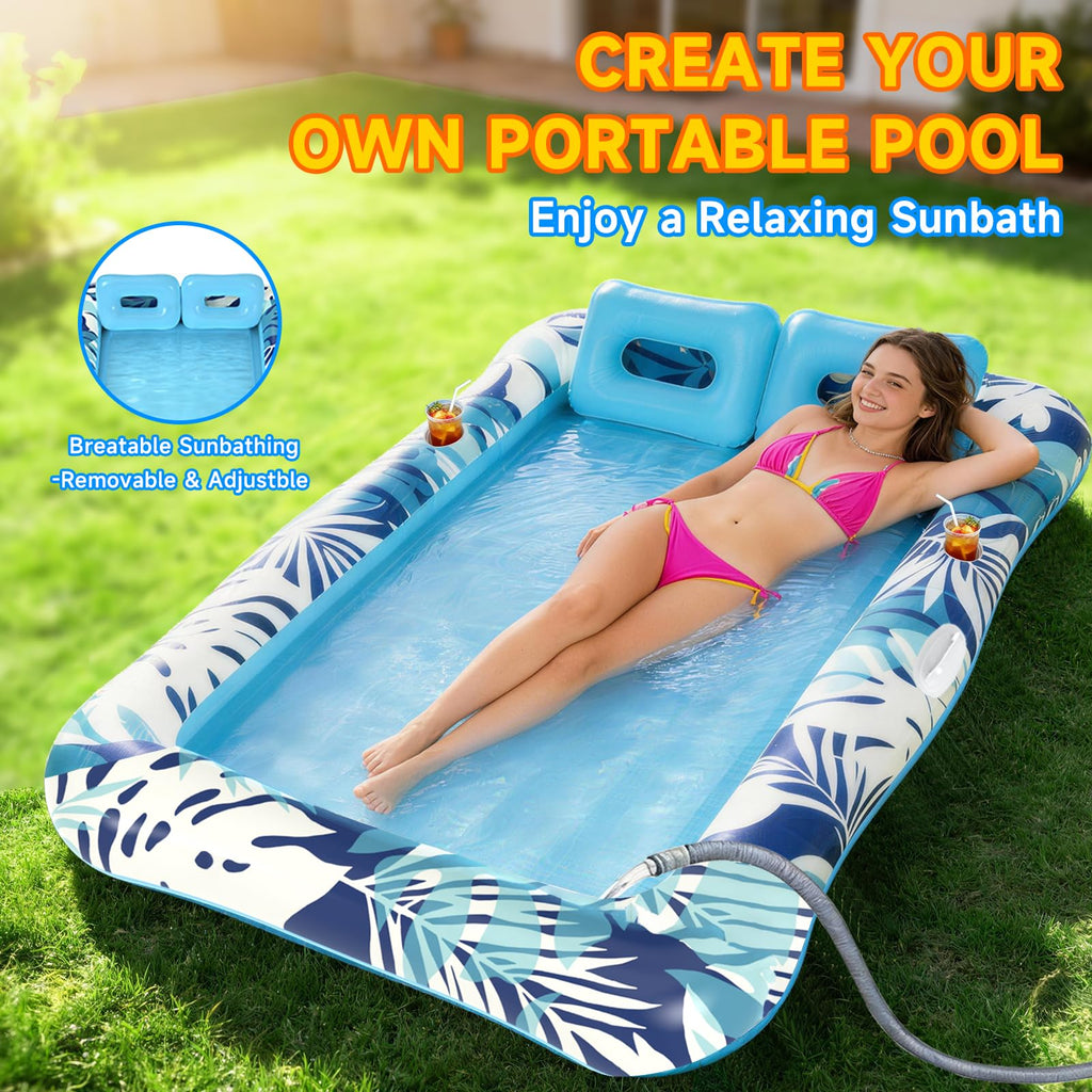 75"x64" XXL Inflatable Tanning Pool Lounger Float with Pillow Blue X267338