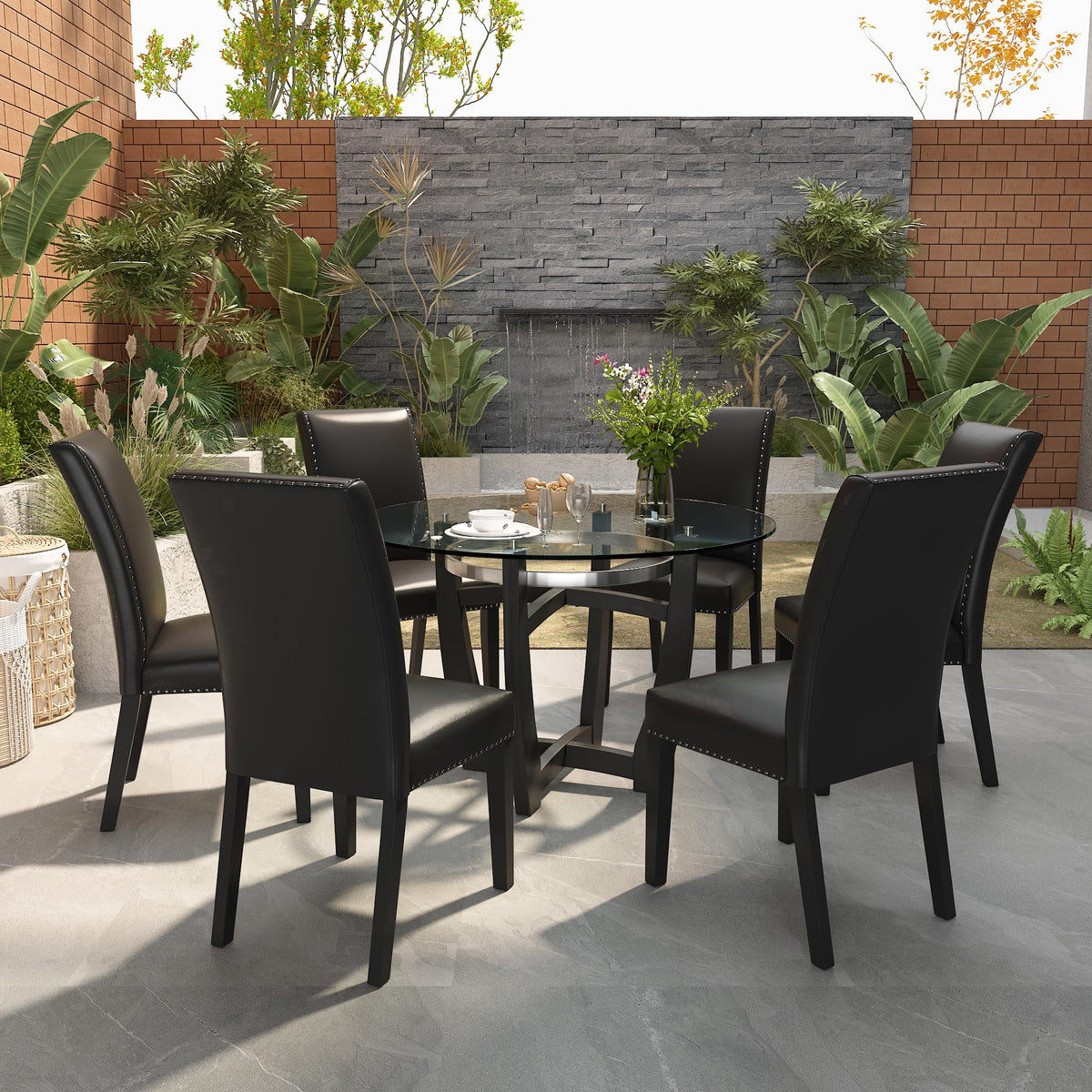 48" Glass Dining Table Set with 4 PU Leather Chairs V839147