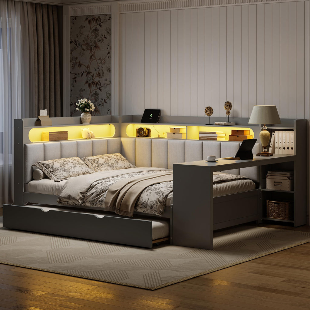 Grey Full Size L-Shaped Corner Bed with Trundle and Desk O187847