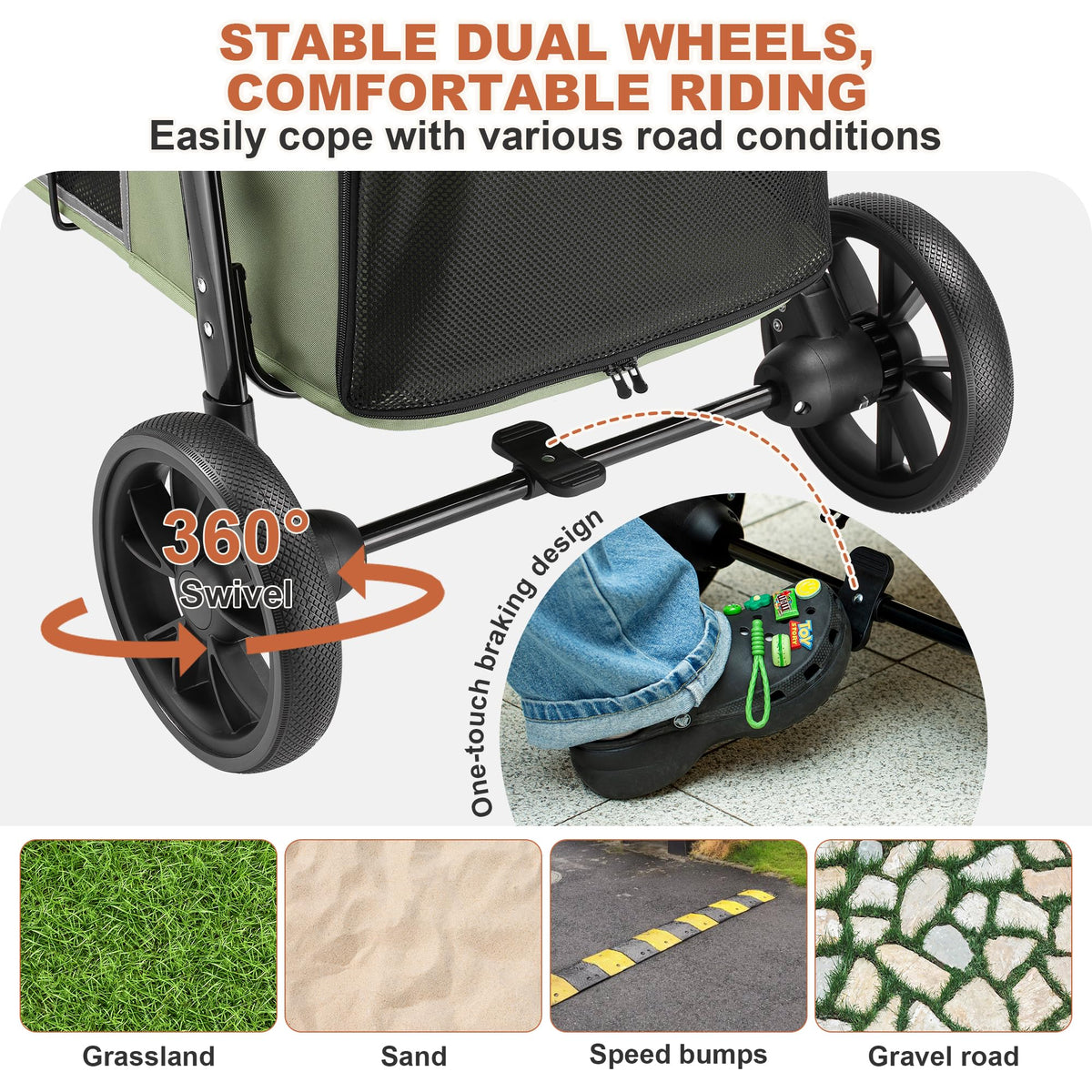 Medium Dog Stroller, One-Touch Folding, 360° Rotating Front Wheels, 80 lbs Weight Capacity, Green X209